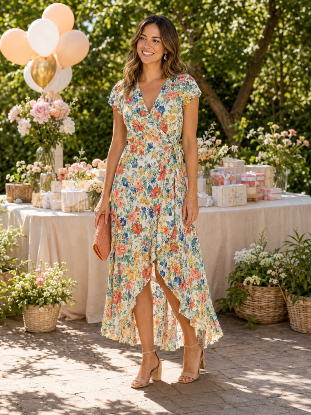 WAYF Floral High Low Wrap Midi Dress Tie Waist Cottagecore Size S